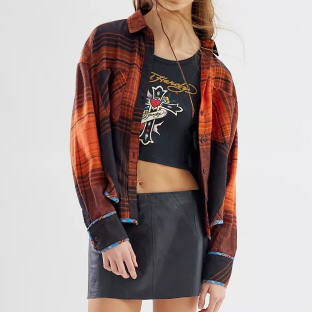 Urban Outfitters BDG Karl Slouchy Flannel Button-Down Shirt Black Orange Plaid-S